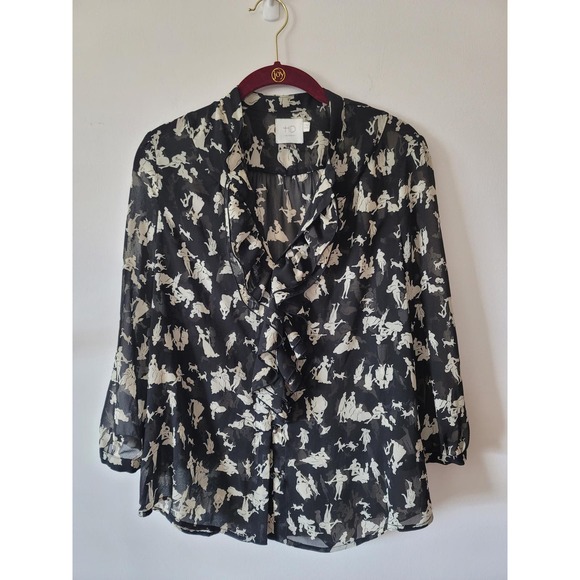 HD Paris Black and White Sheer Blouse Women Size 10 - Picture 1 of 6